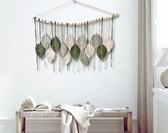 Arazzo da parete in macramè con piume verdi, grande arazzo da parete in macramè con foglie, decorazione da parete in macramè verde, arazzo da parete in macramè sopra il letto