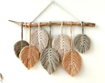 Macrame Wall Hanging With Sage Green Macrame Leaves Small Macrame Feather Wall Decor Bedroom Wall Art Over the Bed Farmhouse Decor