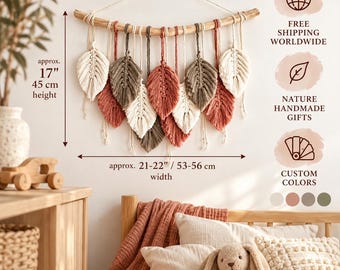 Macrame Leaf Wall Hanging, Small Macrame Wall Hanging, Macrame Feather Wall Hanging, Nursery Wall Decor Boho, Dusty Pink, Cream Macrame