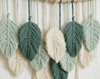 Macrame Wall Hanging, Custom Macrame Wall Art With White, Teal, Mint Feathers, Comfort Colors Nursery Fiber Wall Decor, Nature Handmade Gift