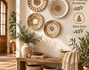 Woven Wall Hanging, Wall Basket Set of 4, Boho Wall Plate Decor, Neutral Gallery Wall Set, Bedroom Wall Decor, Unique Housewarming Gift