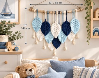 Macrame Leaf Wall Hanging, Blue, White Macrame Feather Wall Decor, Coastal Boho Nursery Decor, Handmade Wall Art for Boys Room