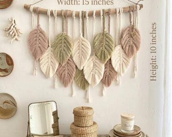 Macrame Leaves Wall Hanging With Comfort Color Leaves, Natural Macrame Feather Wall Hanging, Macrame Wall Art, Organic Nursery Wall Decor
