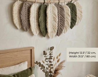 Macrame Leaf Wall Hanging, Sage Green, Natural Macrame Feathers On Wood,  Comfort Color Wall Decor For Bedroom, Neutral Colors Wall Hanging