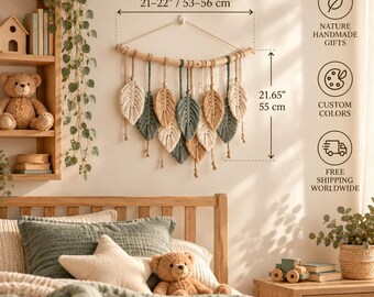 Macrame Feather Wall Hanging, Small Macrame Wall Hanging, Macrame Leaf Wall Hanging, Nursery Wall Decor Boho, Blue Beige Coastal Wall Decor
