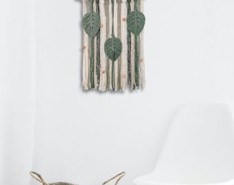 Small Macrame Wall Hanging, Green Macrame Wall Hanging With Feathers, Wooden Bead, Mini Nursery Wall Decor, Handmade Woven Home Decor