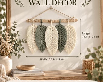 Macrame Feather Wall Hanging Green, White, Small Macrame Leaf Neutral Nursery Wall Decor Girl Room, Handmade Home Decor, Customisable Gift
