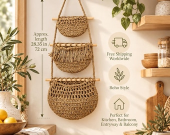 Woven Storage Baskets, Rustic Natural Jute Wall Organizer, Boho Hanging Baskets for Bathroom Kitchen Entryway, Space Saving Home Decor
