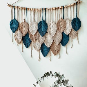 Large Macrame Wall Hanging With Blue Beige Feathers Macrame Leaf Wall Hanging Bedroom Wall Art Over Bed Neutral Colors Wall Hanging
