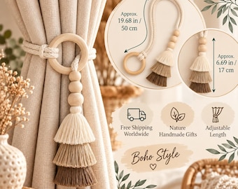 Boho Curtain Tieback with Tassel, Wood Ring Curtain Holder, Neutral Beaded Tie Back, Farmhouse & Rustic Decor