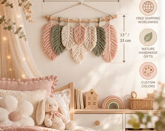 Macrame Leaf Wall Hanging, Pink Macrame Wall Hanging For Girl Room, Soft Comfort Color Nursery Wall Decor, Bohemian Driftwood Tapestry