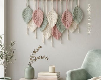 Macrame Leaf Wall Hanging Custom White Pink Macrame Feather Wall Decor Pastel Nursery Decor Modern Wall Art Neutral Nature Handmade  Decor