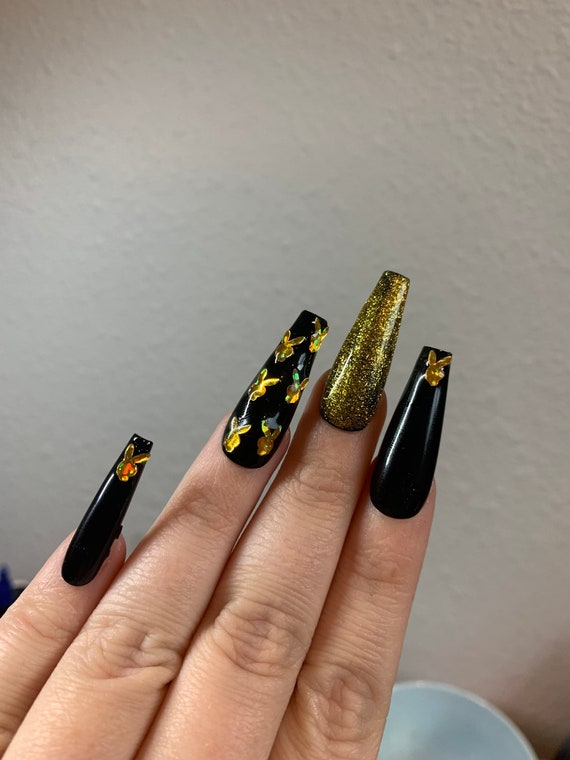 Black And Gold Playboy Bunny Press On Nails Etsy