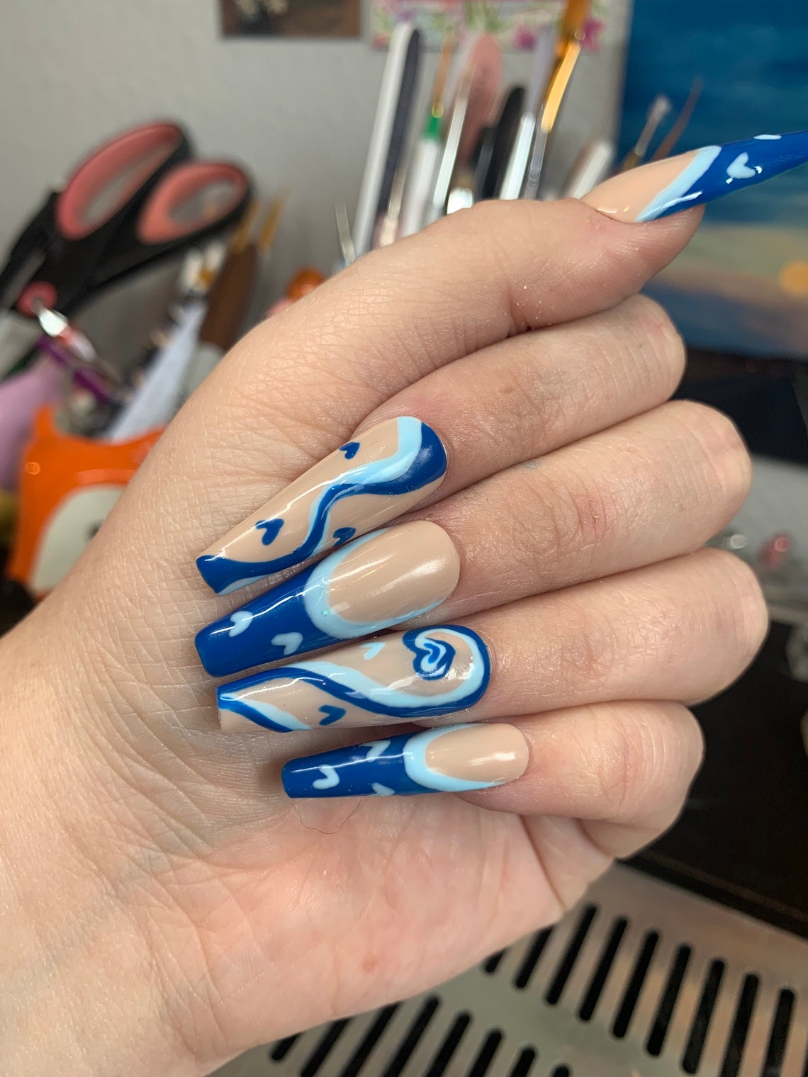 french tip nails with heart design