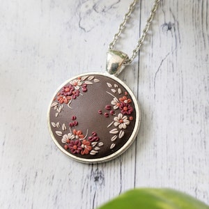 Floral polymer clay necklace, cottagecore and dark academia elegant vintage pendant, polymer clay embroidery jewelry.