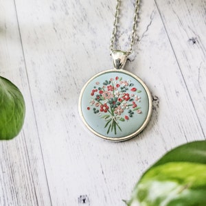 Floral polymer clay wildflower necklace, cottagecore and dark academia elegant vintage pendant, polymer clay embroidery jewelry.