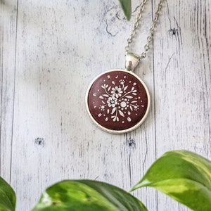 Floral polymer clay necklace, cottagecore and dark academia elegant vintage pendant, polymer clay embroidery jewelry.