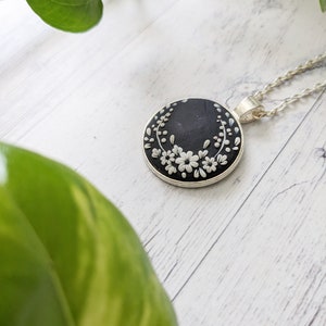 Floral wildflower polymer clay necklace, cottagecore and dark academia elegant vintage pendant, polymer clay embroidery jewelry.