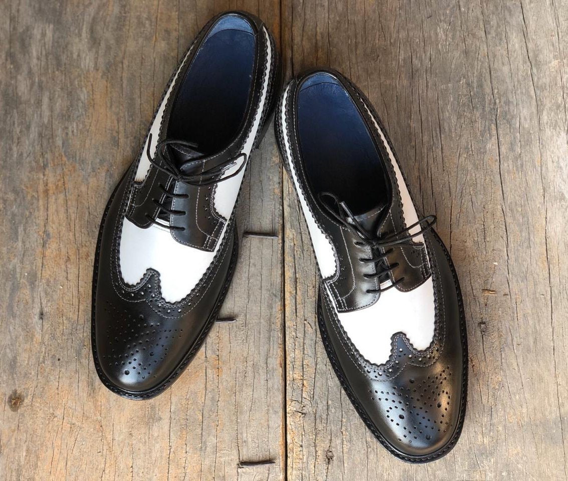 Men's Handmade White Black Wing Tip Brogue Leather Lace up - Etsy UK