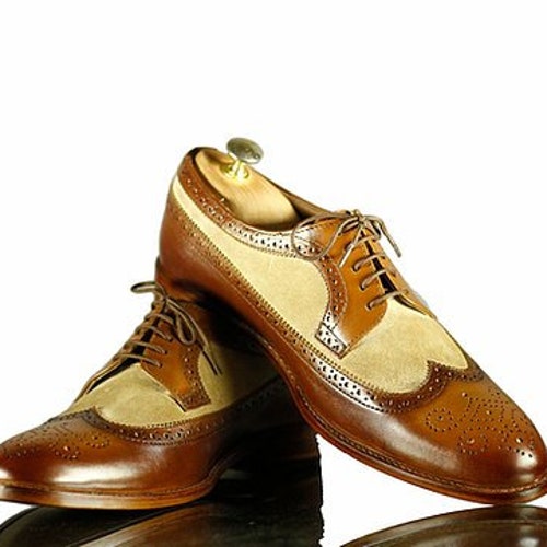 Handmade Mens Brown Beige Wingtip 