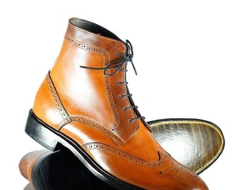 Zapatos Zapatos para hombre Botas Pure Handmade Para hombre De ante beige de dos tonos y cuero marrón Cordón hasta la punta del ala Bota alta de tobillo 