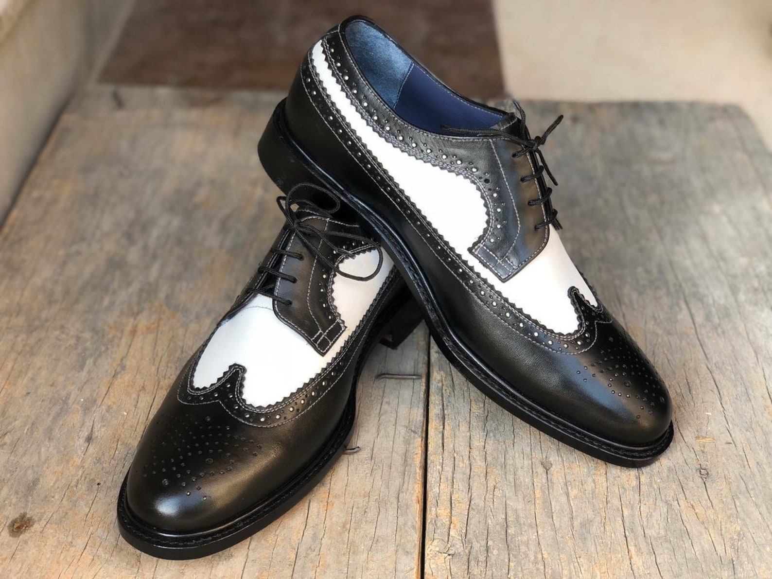 Men's Handmade White Black Wing Tip Brogue Leather Lace Up Etsy