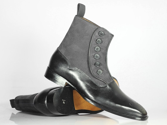 Heren Handmade Black \u0026 Grey Leather Suede Boots Heren Cap Toe - Etsy  Nederland