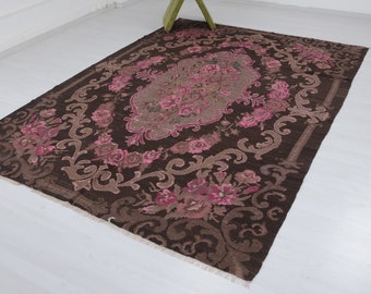 Vintage Rose Kilim Rug • Bohemian Wool Bessarabian Rug (6.3' x 8.9')