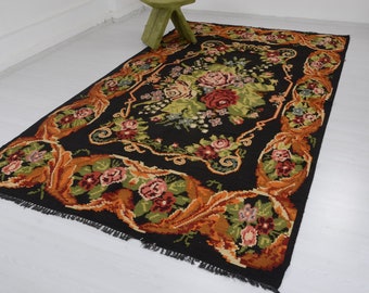 Vintage Rose Kilim Rug • Moldavian Bessarabian Wool Rug (6.2' x 11.1')