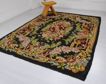 Vintage Rose Kilim Rug • Bohemian Floral Bessarabian Rug (7.3' x 9.5')