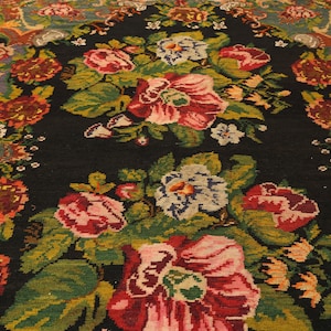 Moldavian Kilim, Black Kilim, Handwoven Colorful Kilim, Flower Pattern Kilim, Red Flower Kilim, Ethnic Kilim, Bessarabian Rug, Floral Kilim
