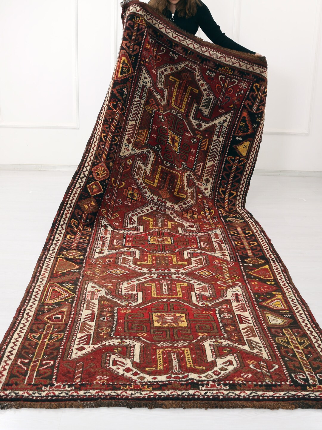 90 Years Old Antique Rug, Vintage Runner, Colorful Runner, Wool Antique ...