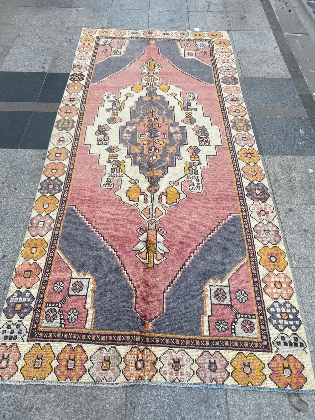 Old Turkish Rug, Medium Size Antique Rug, Pink Rug, Vintage Turkish Rug ...