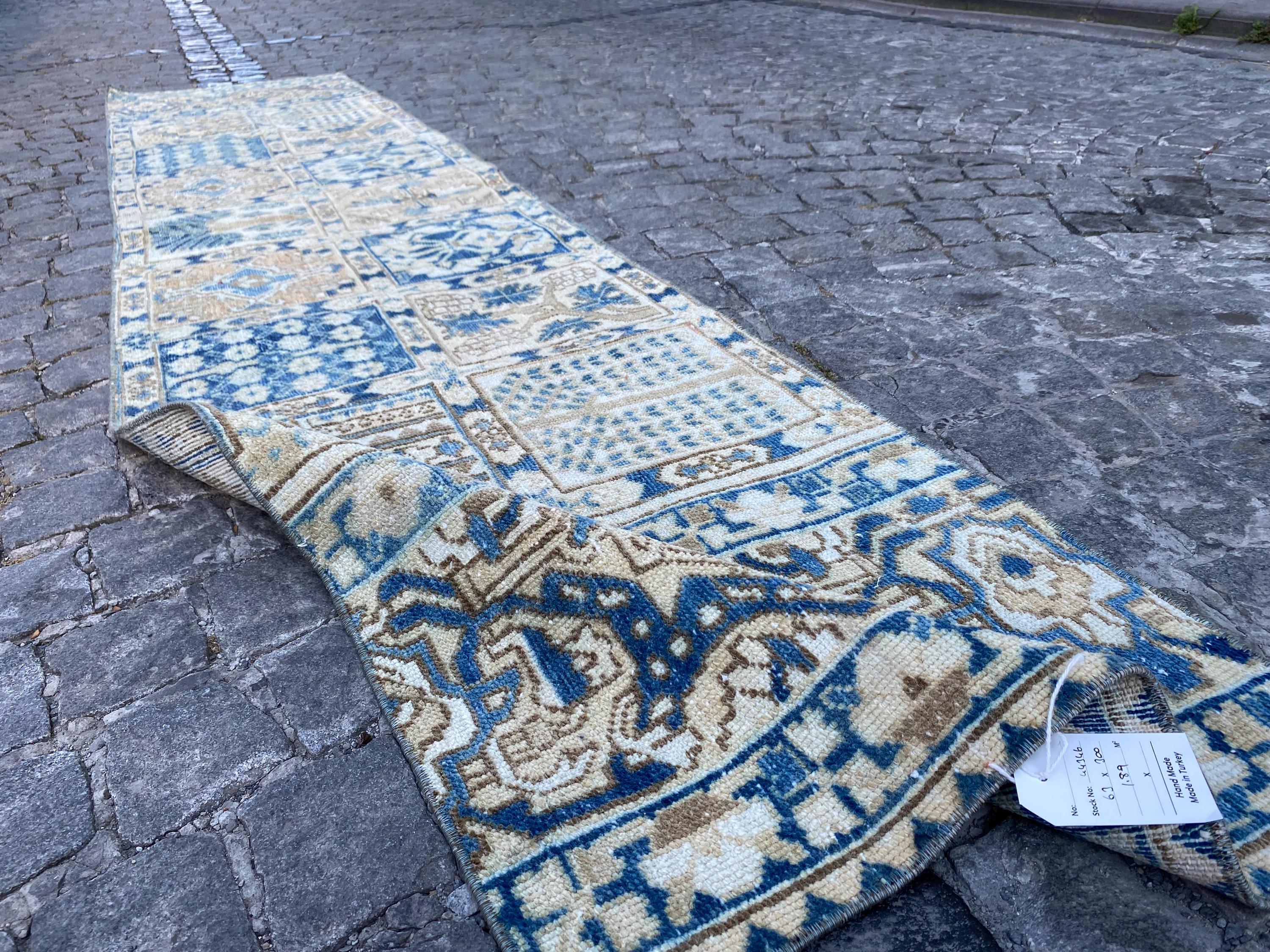 Runner Rug, Vintage Runner Rug, Geometric Runner Rug, Brown Runner Rug, Blue Runner Rug, Kitchen Runner, Beige Runner Rug, 2x10 ft, Boho