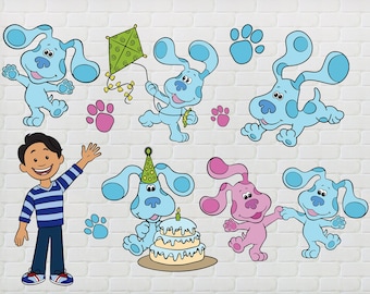 Puede incluir: Una pared de ladrillo azul con una variedad de perros de dibujos animados azules y rosas. Los perros están en diferentes poses, incluyendo jugando con una cometa, sosteniendo un pastel de cumpleaños y corriendo. También hay un niño con cabello castaño y una camisa a rayas azul y blanca.