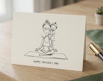 Divertente biglietto di auguri per la festa della mamma stampabile, illustrazione di una mamma che fa yoga, biglietto minimalista con disegni a linee, download digitale, regalo dell'ultimo minuto per la mamma