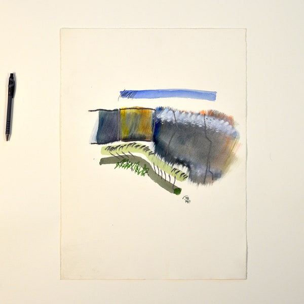 Abstracted Aquarelle Landscape Painting on Handmade Paper (Buettenpapier)