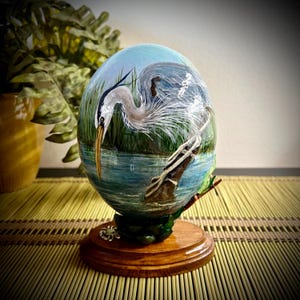 Great Blue Heron - Hand Painted Ostrich Egg