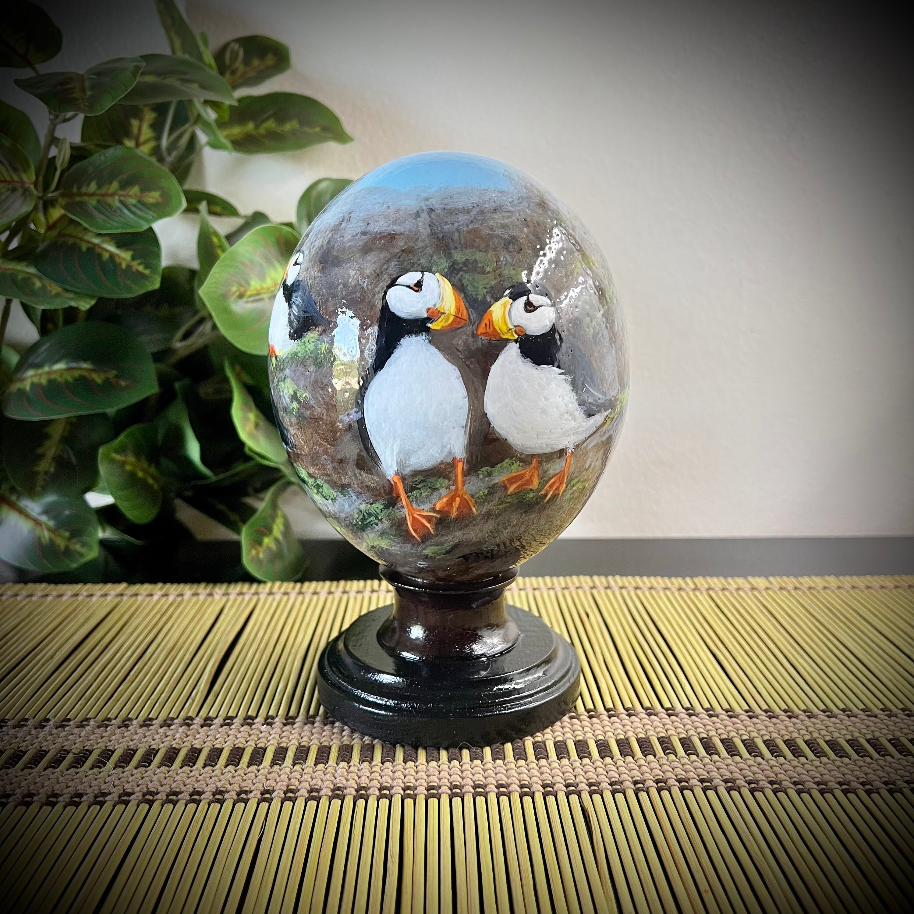 Puffins - Hand Painted Ostrich Egg