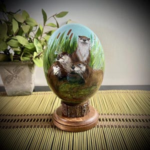 River Otters -  Hand Painted Ostrich Egg