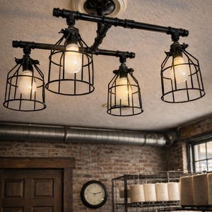 4 light black iron pipe metal light fixture