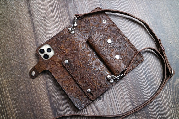 Crossbody Strap Tooled Leather iPhone 15 Plus 15 Pro Max 14 14 
