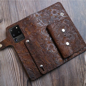 Capa tipo carteira de couro com bolso para Samsung Galaxy S25 Edge S25+ S25 Ultra S24 Ultra S24+ S24 FE S23 FE S22+ S21, couro com relevo e flor integral