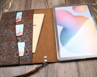 Wristlet Fold Galaxy Tab Active5,S9 FE+,S9 FE,A9,,A9,A8 10.5(2021)/S7 FE Handmade Personalized Unique Gift  Embossed leather Yellowish brown