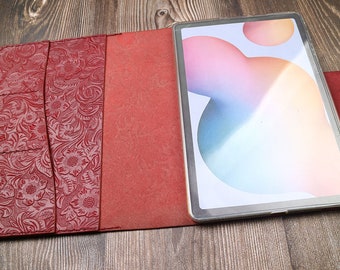 Leather tablet case Fold iPad 2021/2022 iPad case 10.9, iPad pro 12.9, Pro 11 case 9.7 Personalized Unique Gift  Embossed leather Cherry
