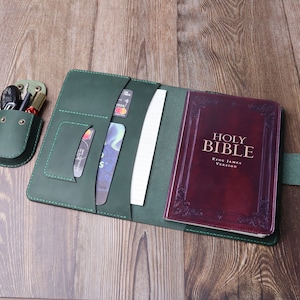 Premium Handcrafted Genuine Leather Cover for KJV Holy Bible & Holy bible book with Interchangeable Storage Pouches – Versatile 7UAUSJ