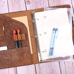 Personalización A5 / 8.5 x 11 Tamaño carta 3 anillo, carpeta recargable de cuero marrón en relieve cartera de cuadernos de viaje #HY3-3