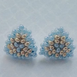 Light blue gold beaded mini stud earrings, blue sky triangle form pussets made of Czech bead, gift for her, everyday jewelry, back to school