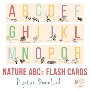 May include: A set of 26 colorful alphabet flash cards featuring nature-themed illustrations and words. Each card has a large letter, a corresponding nature-themed image, and the word for the image. The cards are perfect for teaching children about the alphabet and nature.