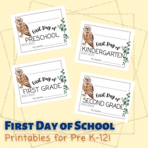 First Day of School Printable | Back to School | Prek through 12th Grade | Owl Theme